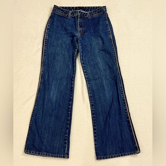 J. Crew Dark Wash Jeans with Brown Leather Pipping Down Sides - Size 6 - Picture 1 of 11
